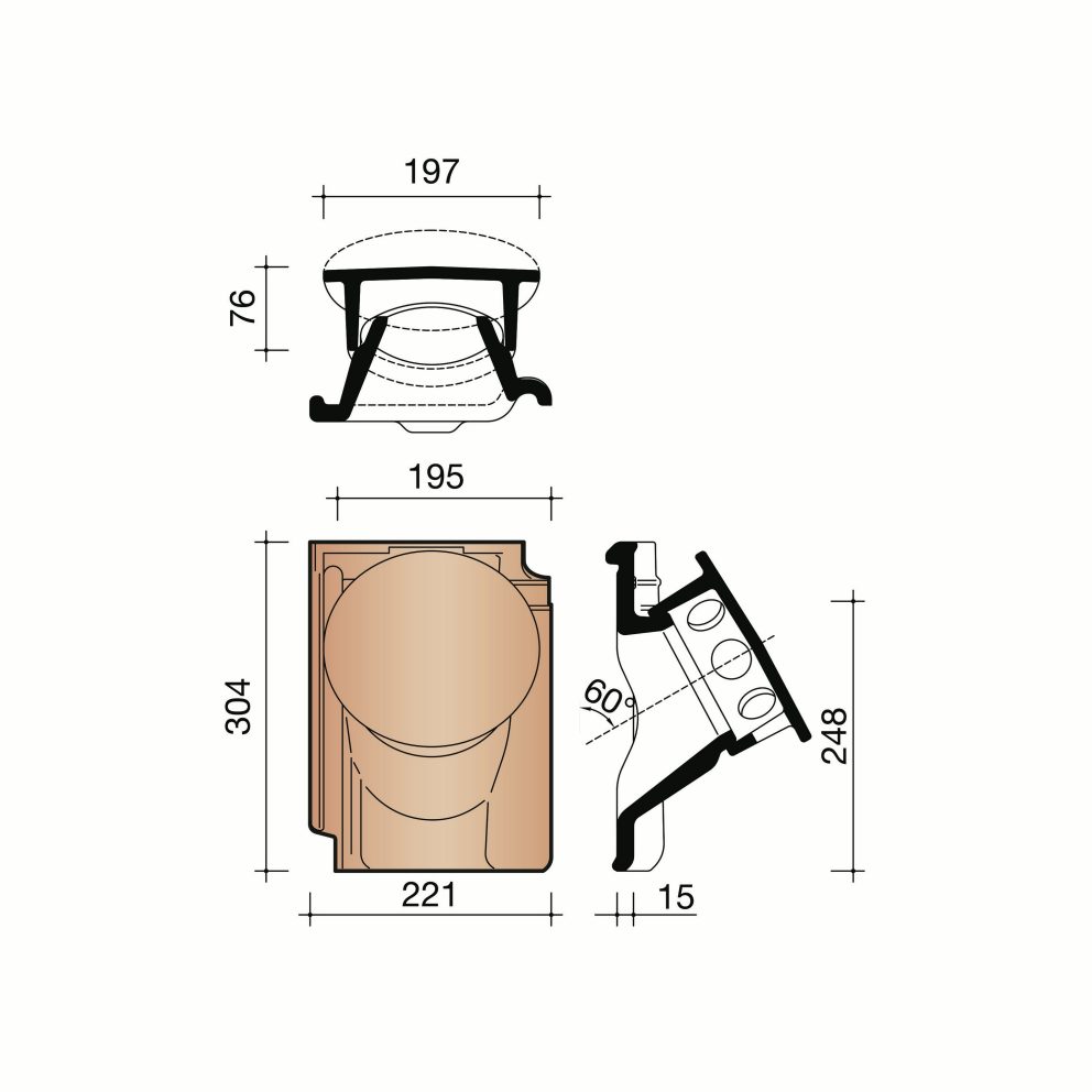 Technical drawing of the Tuile du nord 44 set kokerpan met aansluitmethode