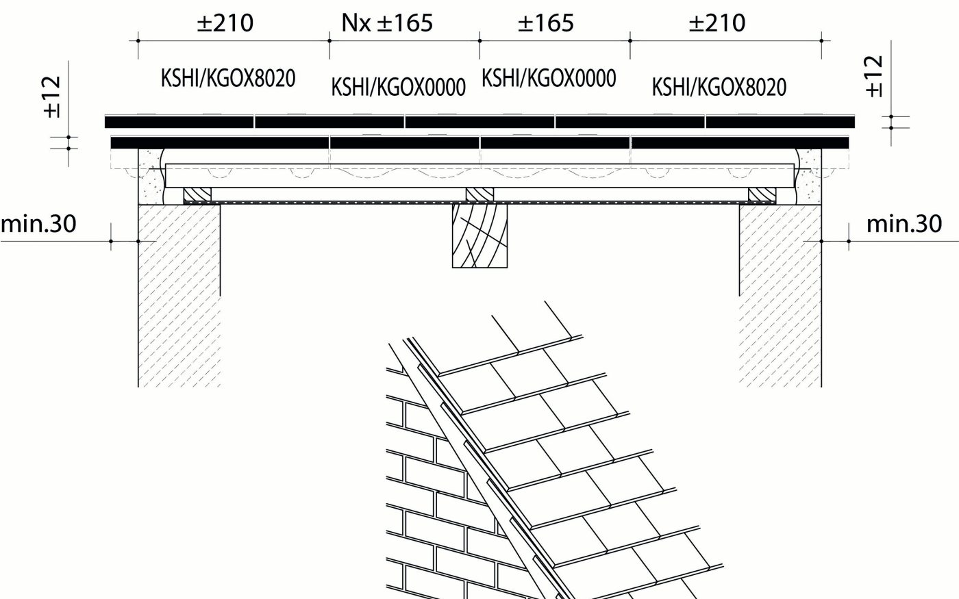 Tegelpan Keymer - Dwarsdoorsnede dak ter hoogte van gevel met pannen ingemorteld