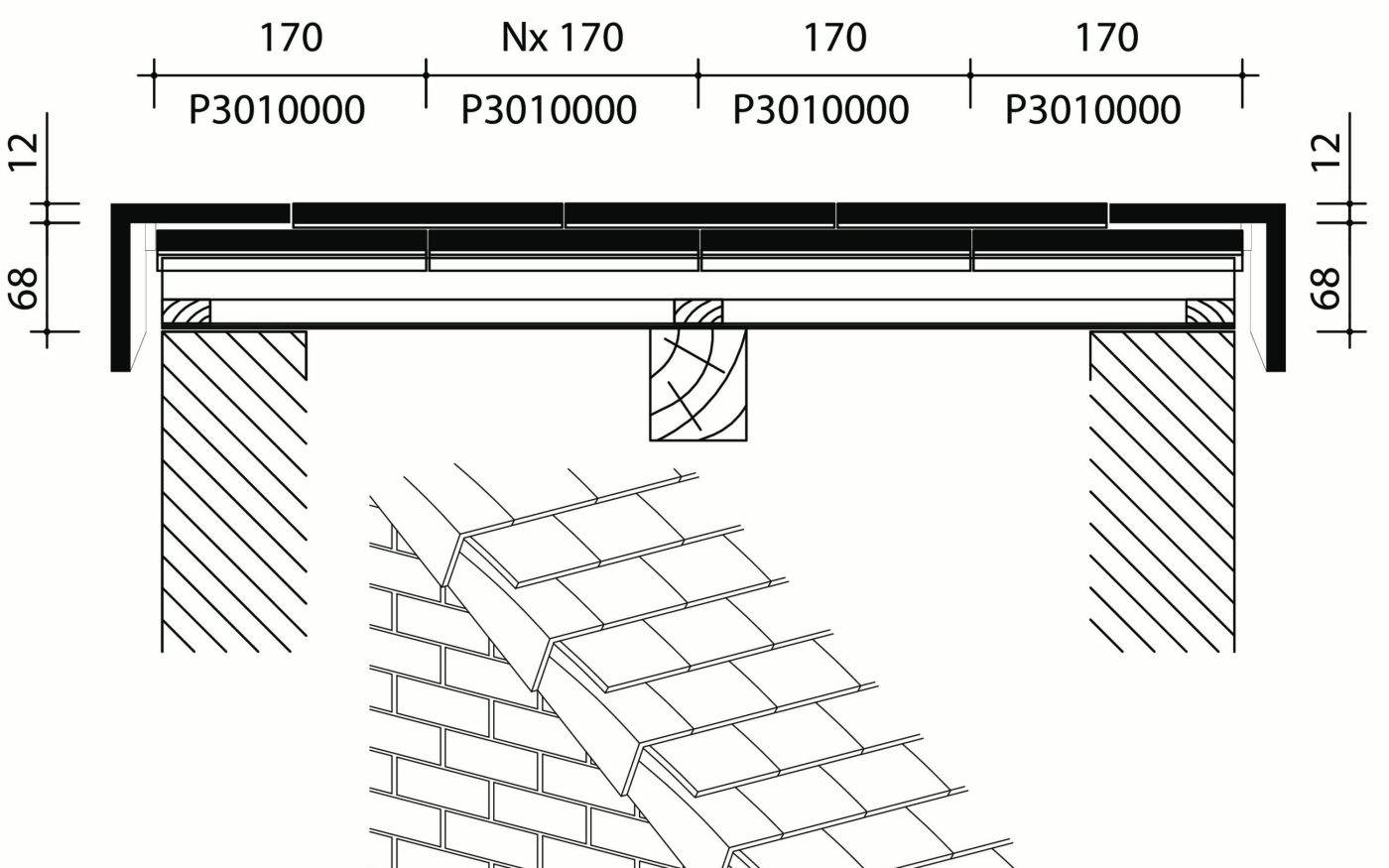 Tegelpan 301 - Dwarsdoorsnede dak ter hoogte van gevelpan Frans systeem