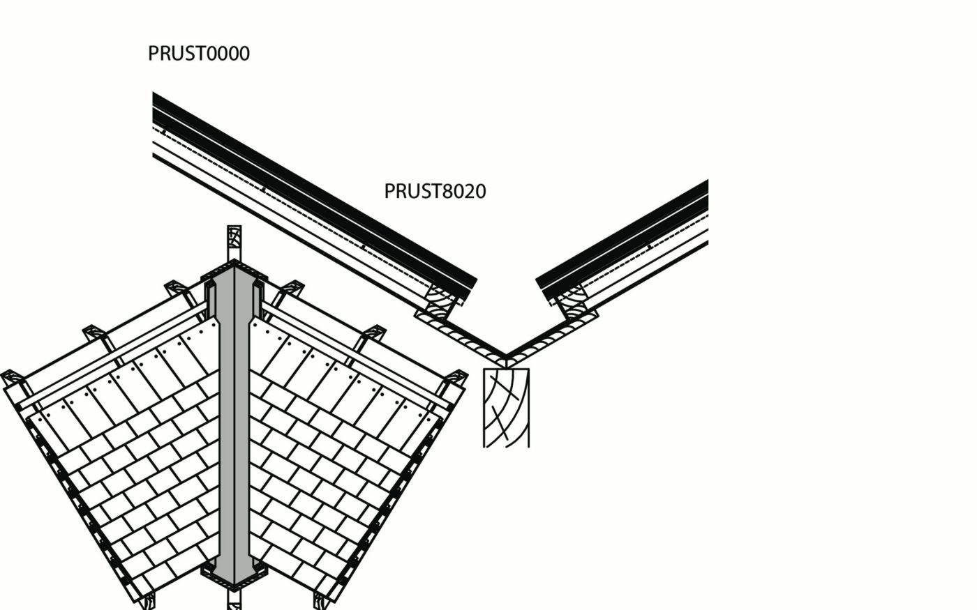 Tegelpan Rustica - Doorsnede dak ter hoogte van kielgoot in metaal