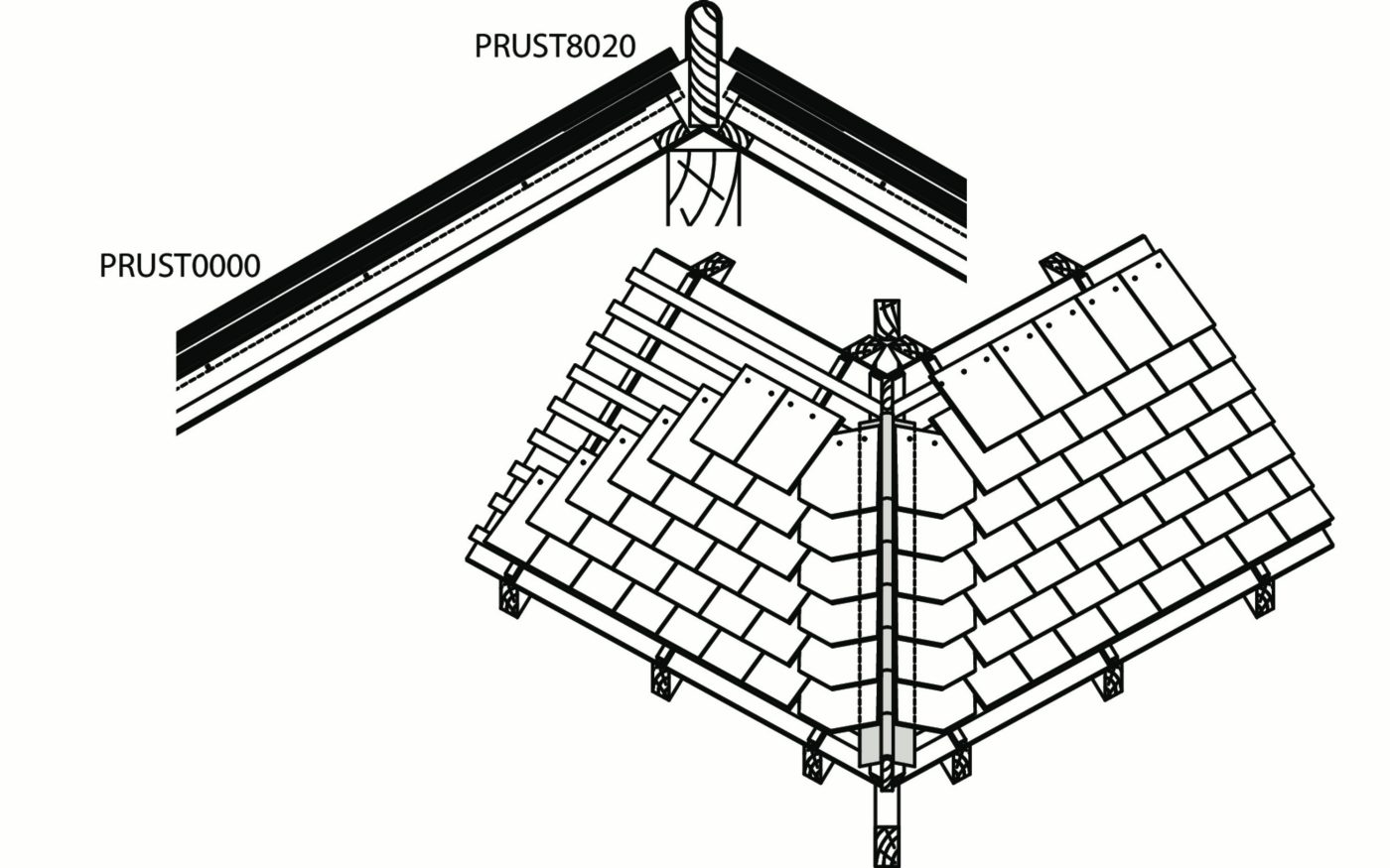 Tegelpan Rustica - Doorsnede dak ter hoogte van noordboom met roeflat