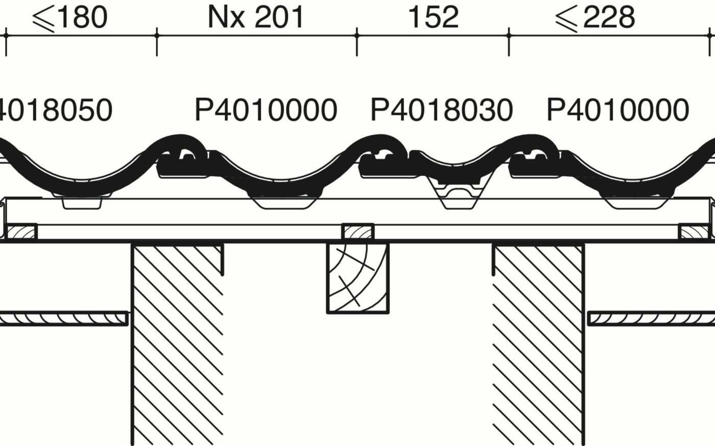 Vlaamse Pan 401 - Dwarsdoorsnede dak met pan met dubbele wel