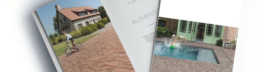 Open and closed blank brochures on grey background, top view. Mock up for design