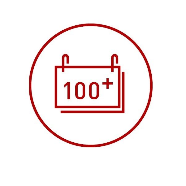 Icon with calendar and 100+ symbolizing long lasting products, longevity, century