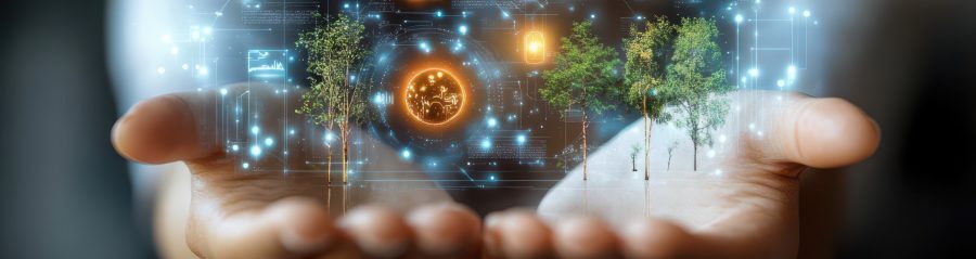 Hand of woman holding a hologram of environmental monitoring, showcasing real-time data on air quality, water levels, and climate change indicators.