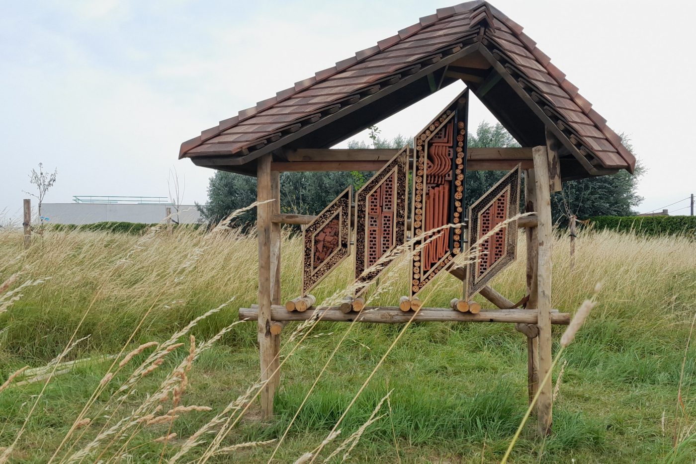 Photo d'un hôtel à abeilles et insectes afin d'améliorer la bio diversité sur le site de production wienerberger à Aalbeke