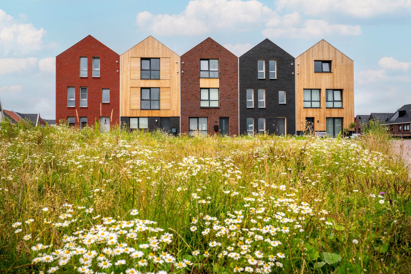 Product: ClickBrick Pure HV Blauwrood genuanceerd, Andalucia, Zwart. Contractor: Ekowood Houses, Verhaegh Ekobouw en Bouwbedrijf Regeling. New construction project Ekowood Houses | Wiarda, Leeuwarden