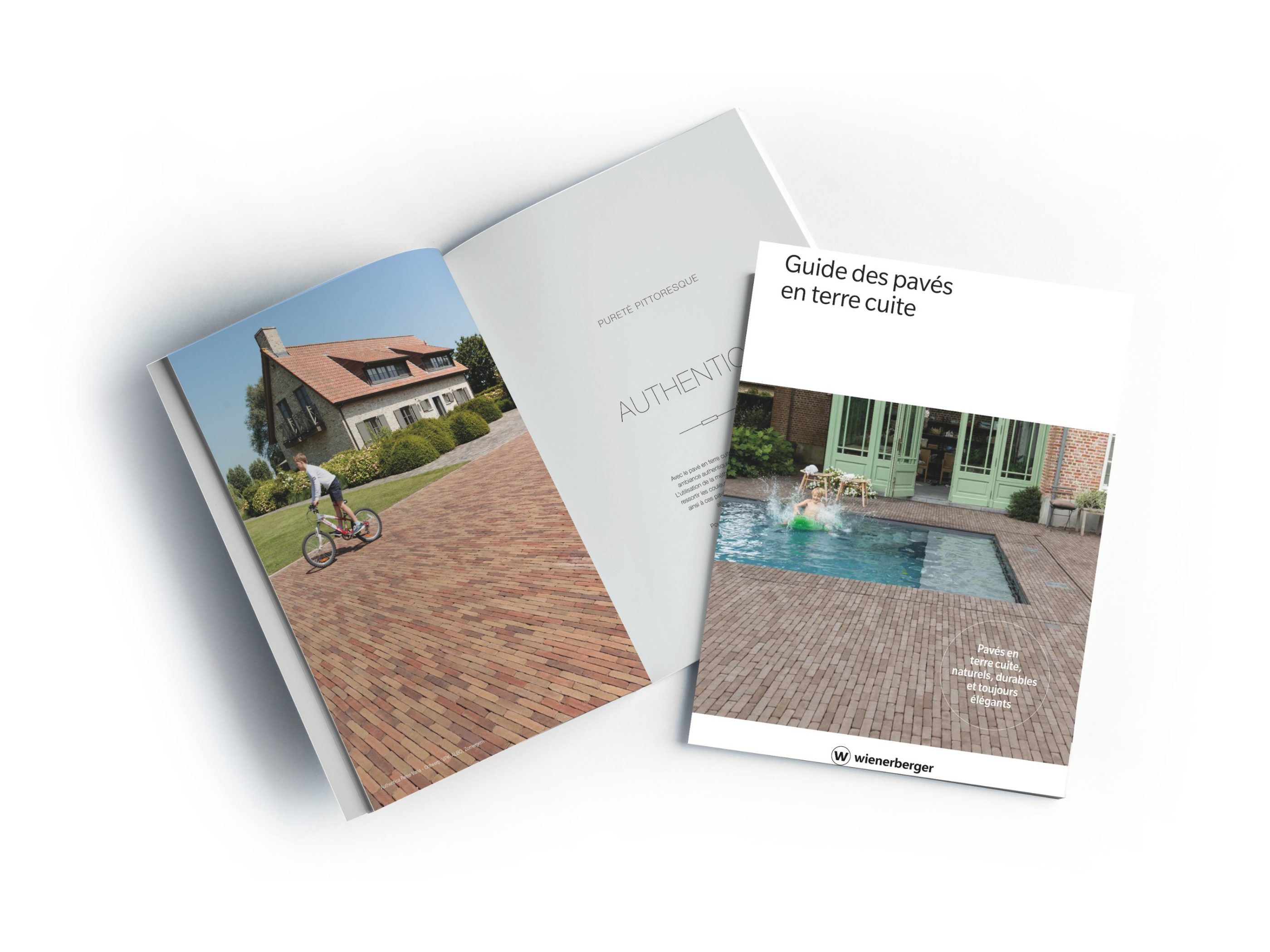 Open and closed blank brochures on grey background, top view. Mock up for design