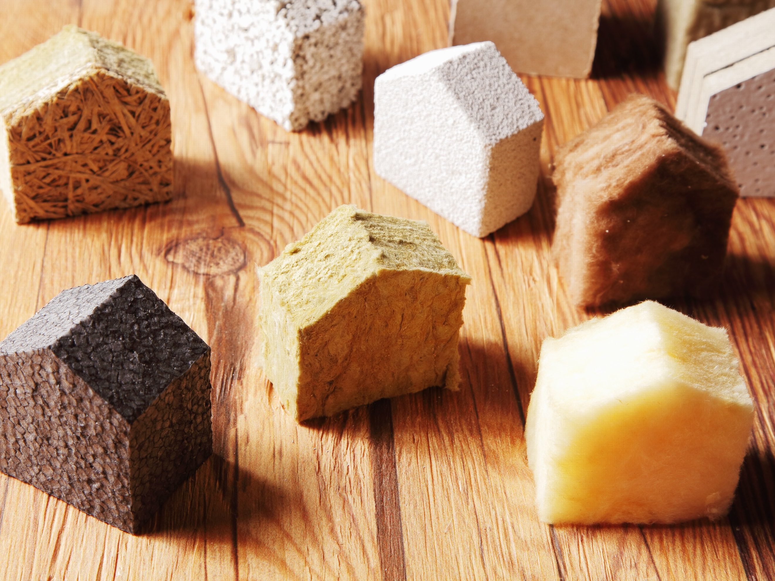 Close up Various Scattered Blocks of insulation Model Hous in Different Standing on Top of the Wooden Table