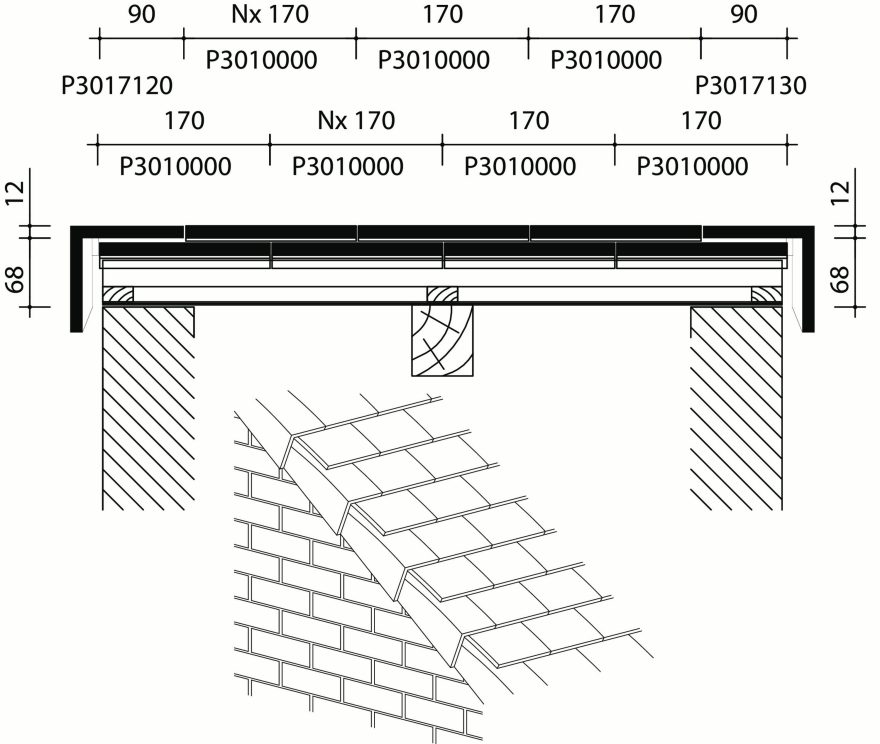 Tuile plate 301 - Plan de pose transversale de la toiture au niveau de la tuile de rive - système français