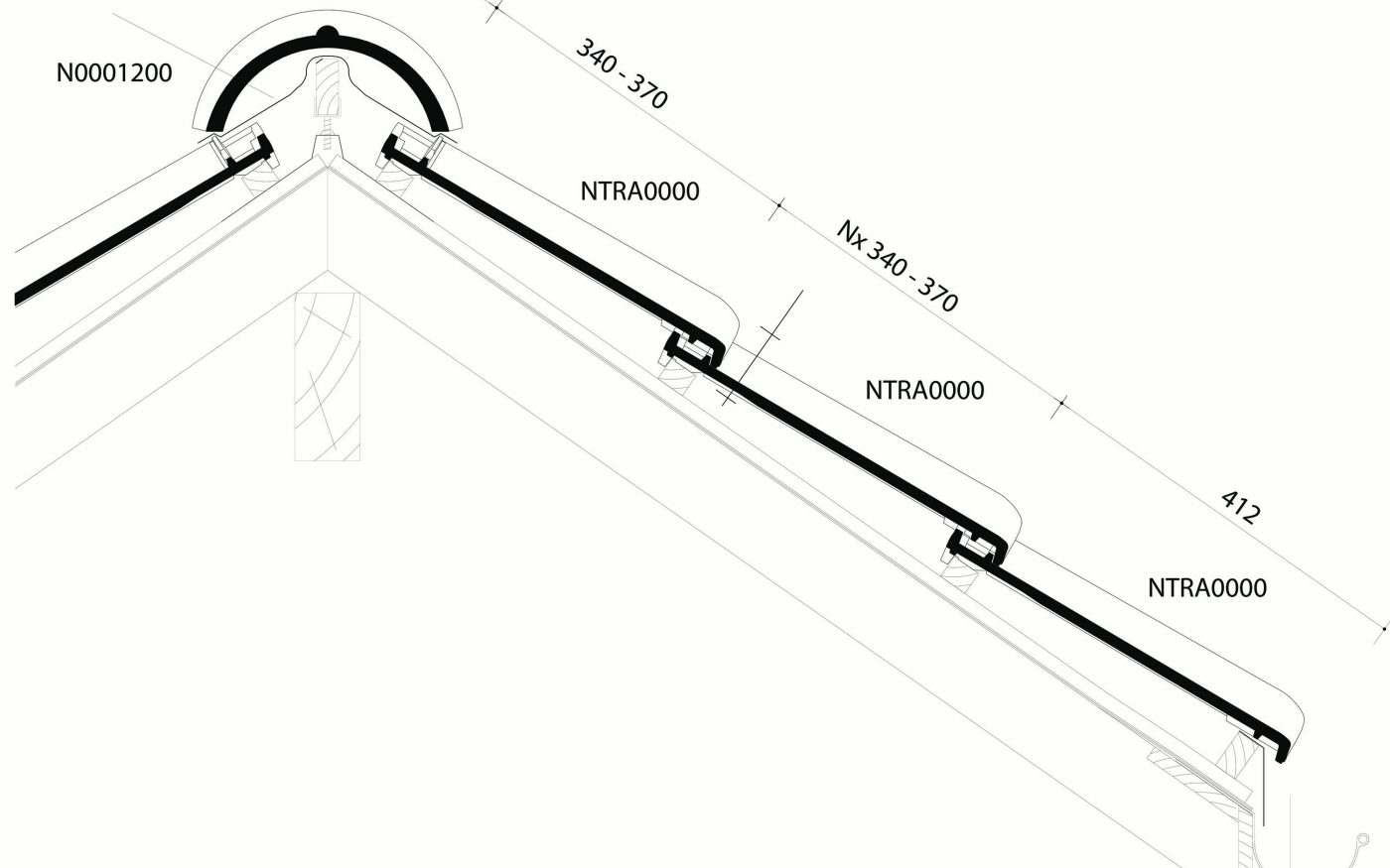 Tradiva - Plan de pose longitudinale de la toiture au niveau de la faîtière
