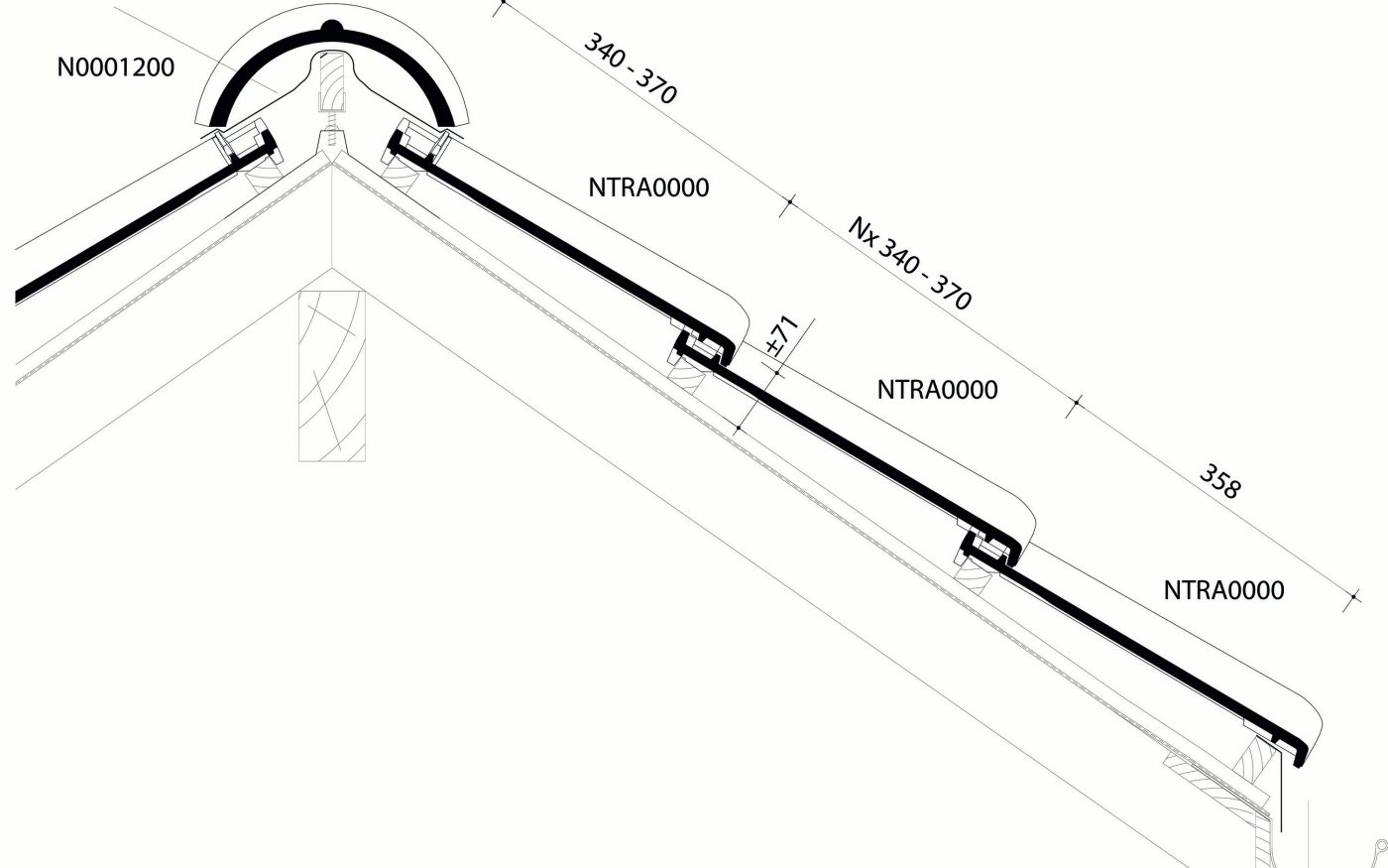 Tradiva - Plan de pose longitudinale de la toiture au niveau de la faîtière