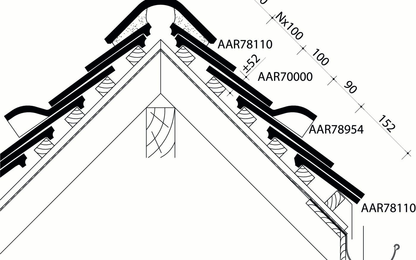 Tuile plate Aleonard - Plan de pose longitudinale de la toiture au niveau de la faîtière posée au mortier