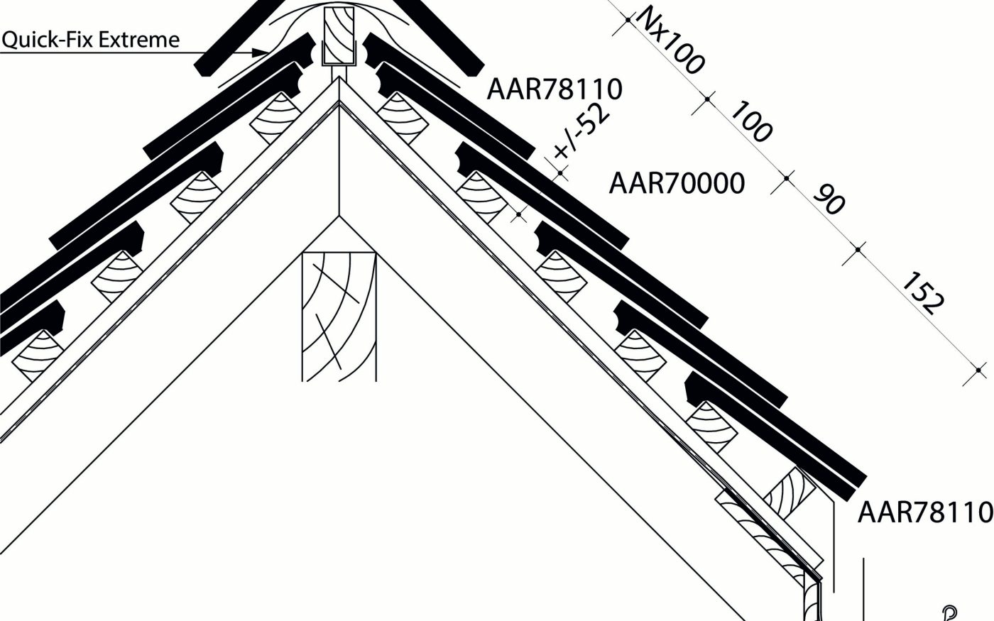 Tuile plate Aleonard - Plan de pose longitudinale de la toiture au niveau de la faîtière avec Quick-Fix