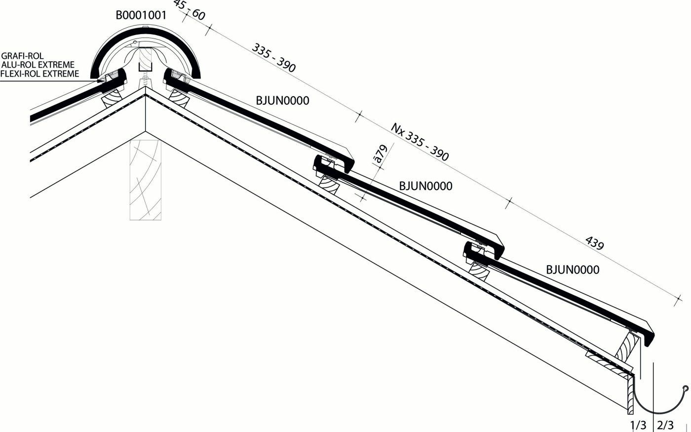 Jura Nova - Plan de pose longitudinale de la toiture au niveau de la faîtière