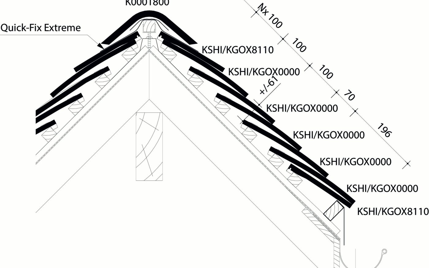 Tuile plate Keymer - Plan de pose longitudinale toiture au niveau de la faîtière 1800
