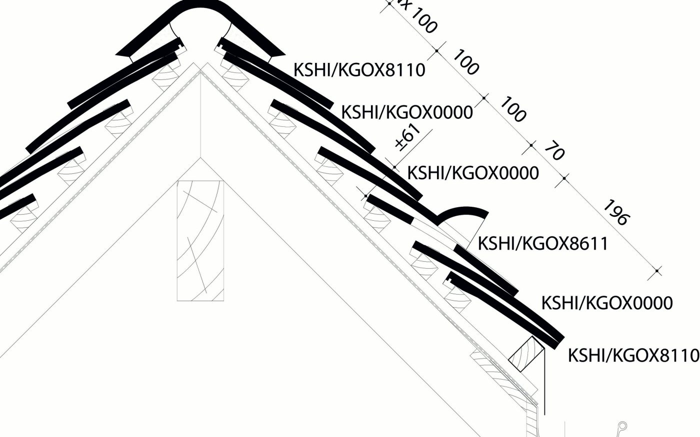 Tuile plate Keymer: Plan de pose longitudinale de la toiture au niveau de la faîtière 1800