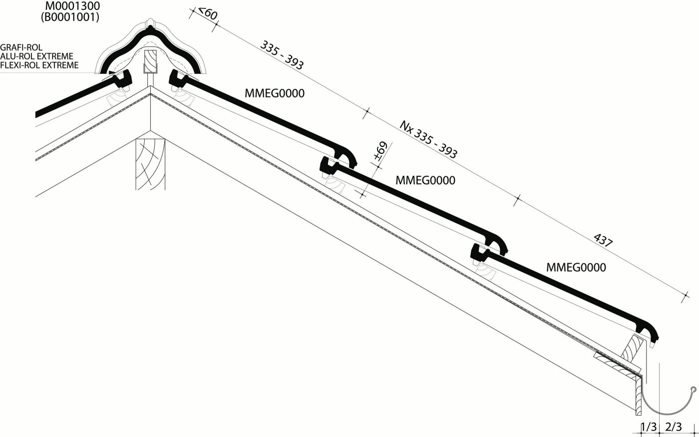 Mega :  Plan de pose longitudinale de la toiture au niveau de la faîtière