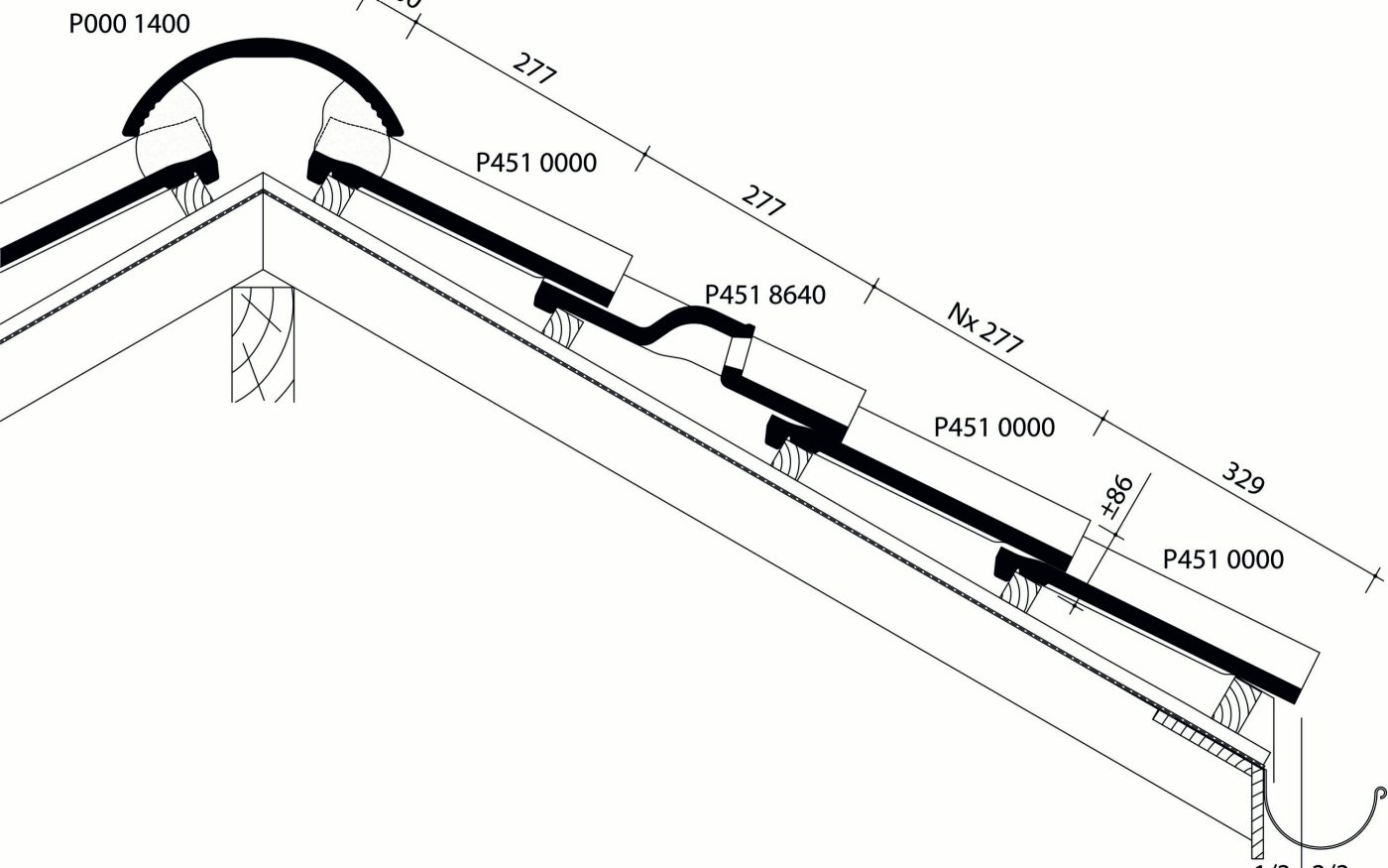 Vieille Tuile Pottelberg 451 - Plan de pose longitudinale de la toiture au niveau de la faîtière - posée au mortier