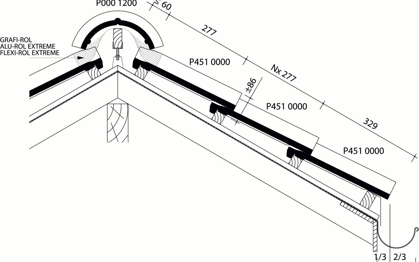 Vieille Tuile Pottelberg 451 - Plan de pose longitudinale de la toiture au niveau de la faîtière