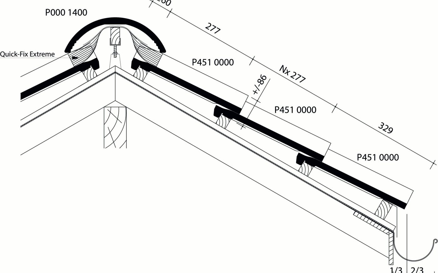 Vieille Tuile Pottelberg 451 - Plan de pose longitudinale de la toiture au niveau de la faîtière - Quick-Fix