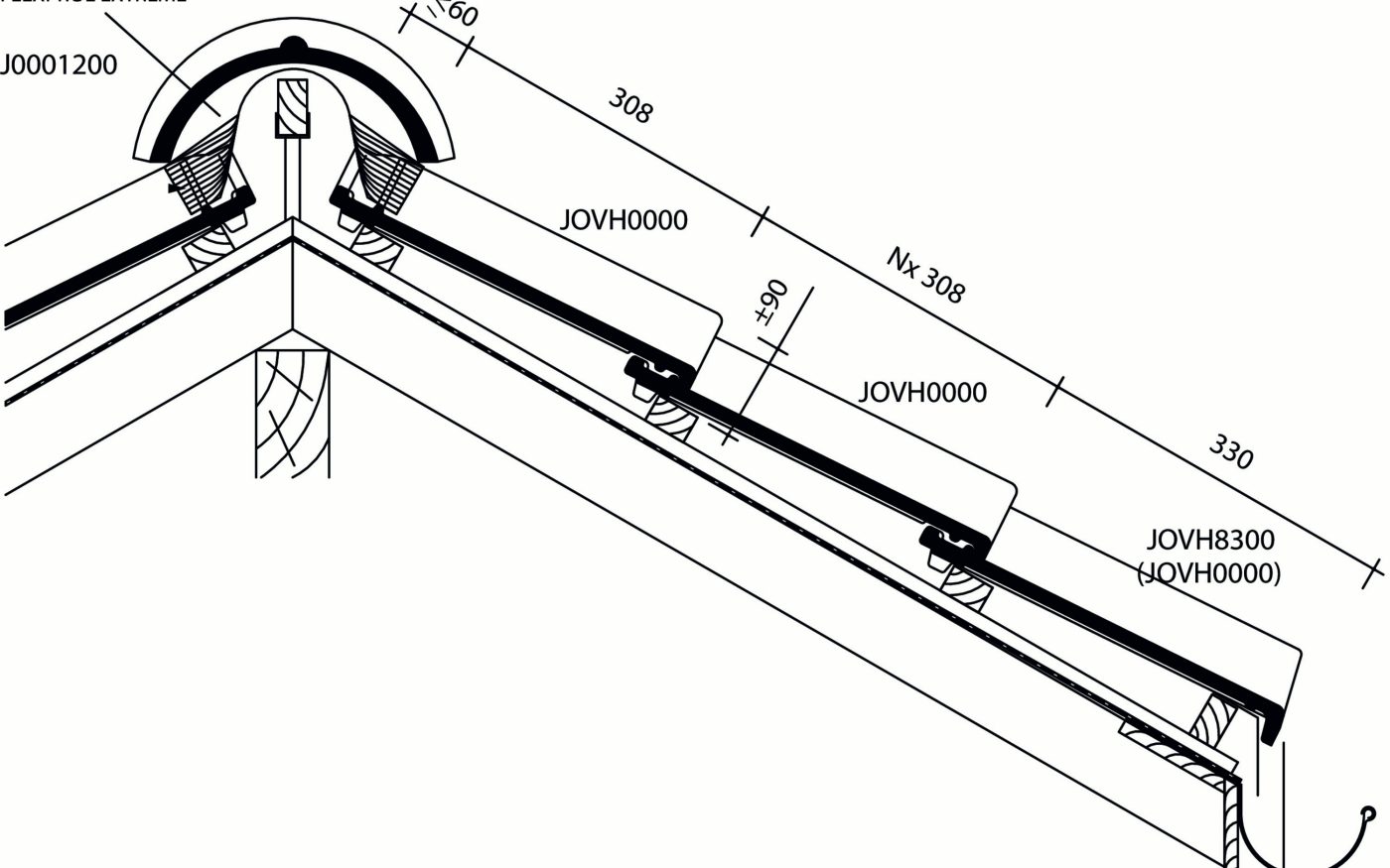 OVH Klassiek - Plan de pose longitudinale de la toiture au niveau de la faîtière