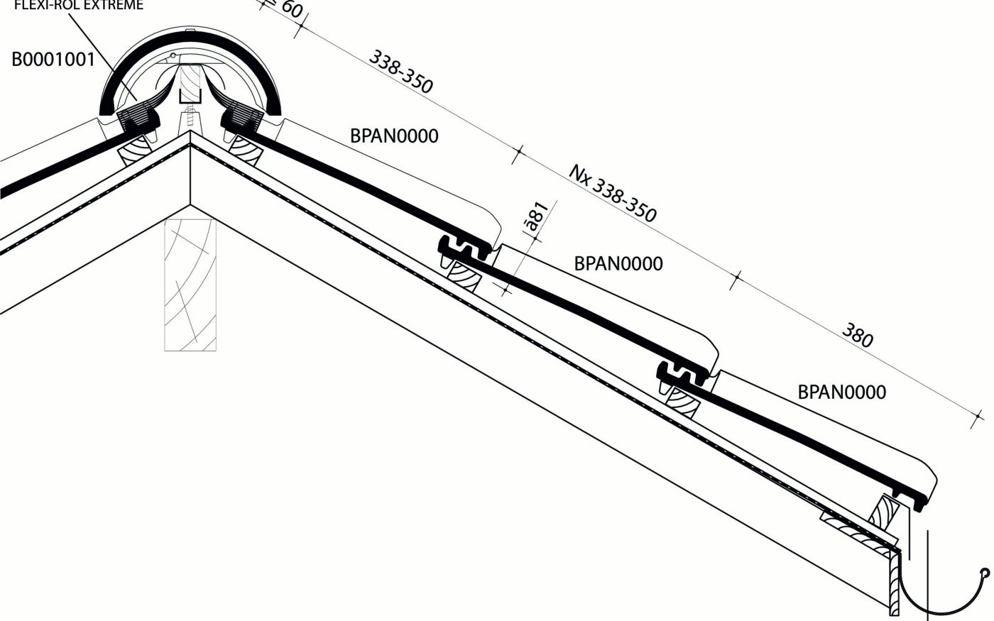 Panne - Plan de pose longitudinale de la toiture au niveau de la faîtière
