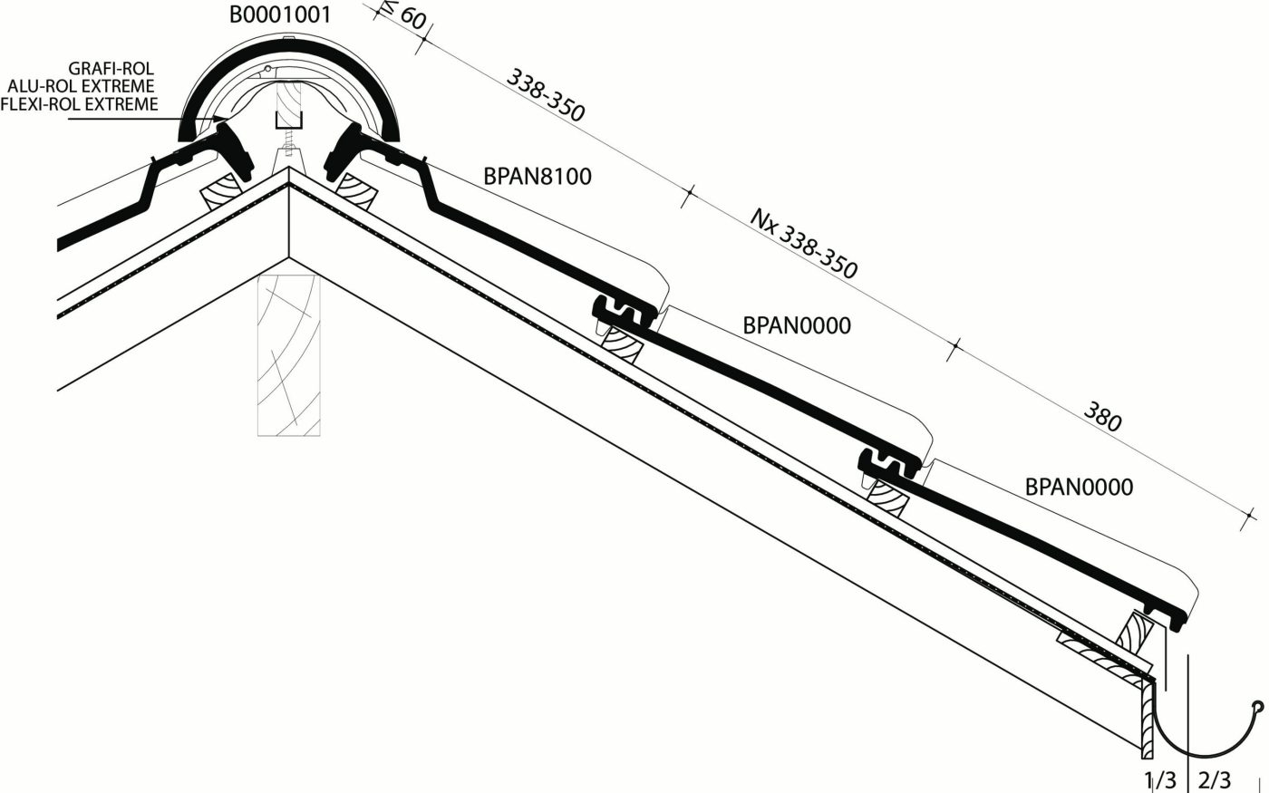 Bisch Panne :  Plan de pose longitudinale de la toiture au niveau de la faîtière et tuile sous-faîtière