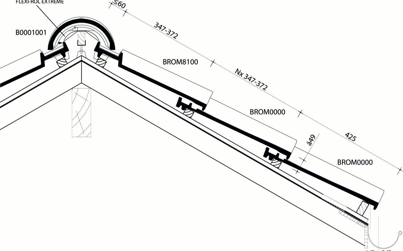 Romane - Plan de pose longitudinale de la toiture au niveau de la faîtière avec tuile sous-faîtière