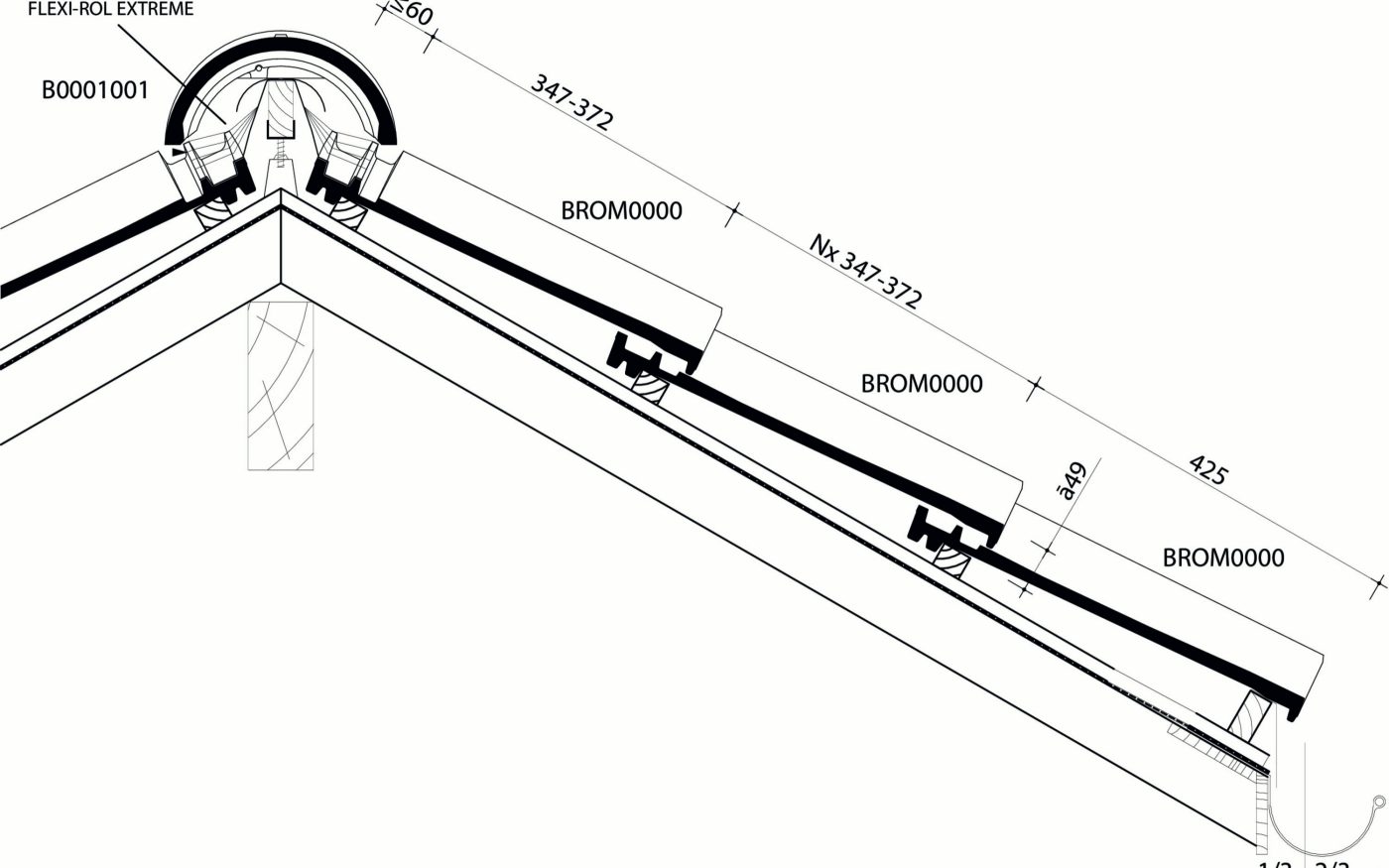 Romane - Plan de pose longitudinale de la toiture au niveau de la faîtière