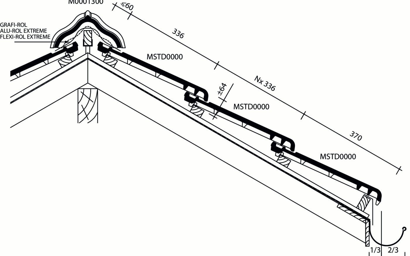 Standard - Plan de pose longitudinale de la toiture au niveau de la faîtière