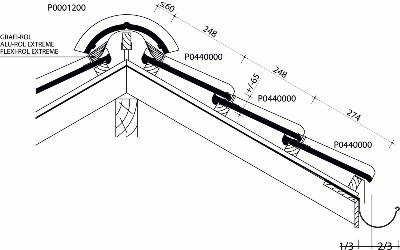 Tuile Tempête 44 : Plan de pose longitudinale de la toiture au niveau de la faîtière