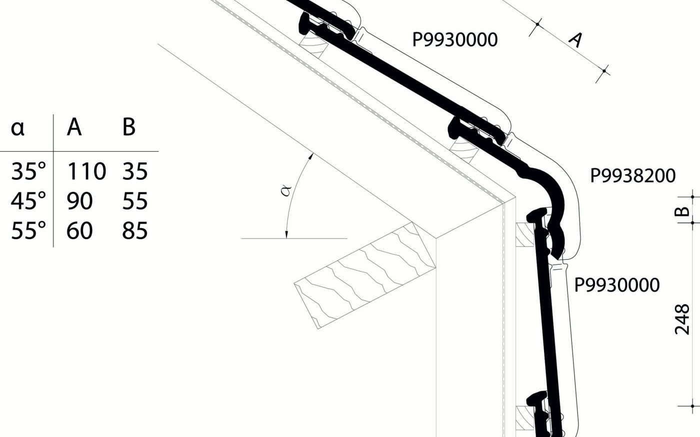 Tuile Tempête 993 :  plan de pose longitudinale de la toiture au niveau de la tuile membron