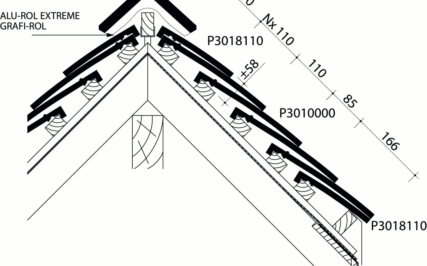 Tuile plate 301 - Plan de pose longitudinale de la toiture au niveau de la faîtière