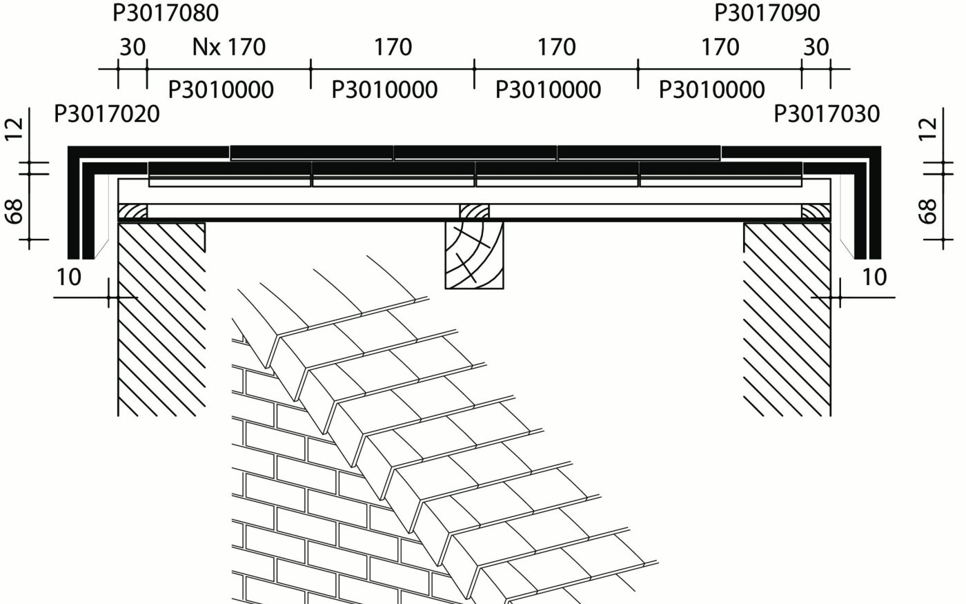 Tuile plate 301 - Plan de pose transversale de la toiture au niveau de la tuile de rive - système belge