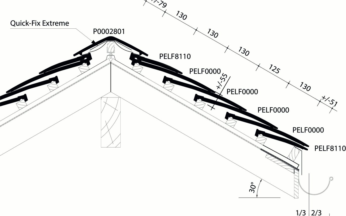 Elfino : plan de pose longitudinale au niveau de la faîtière 30 degrés