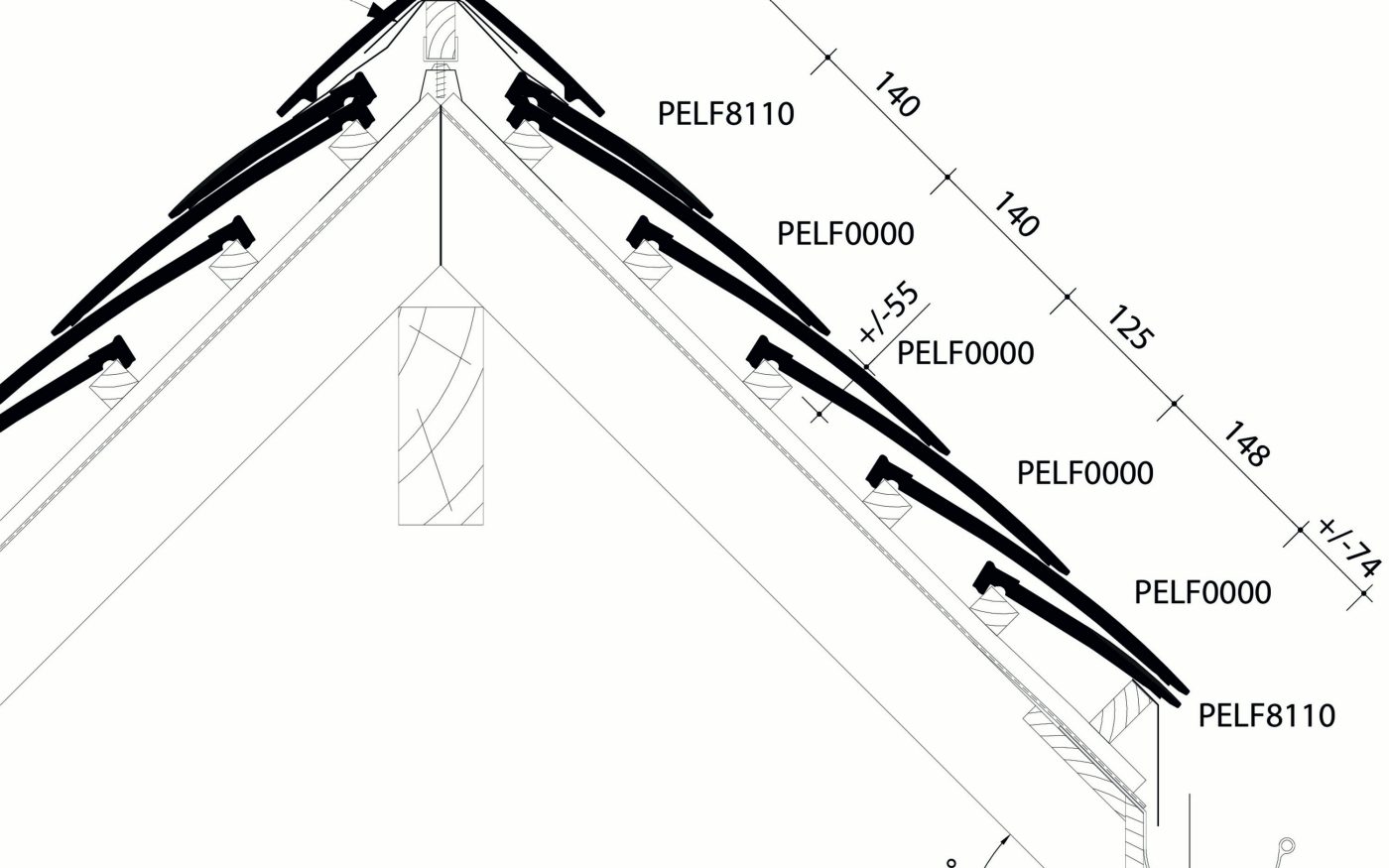 Elfino : Plan de pose longitudinale au niveau de la faîtière 45 degrés