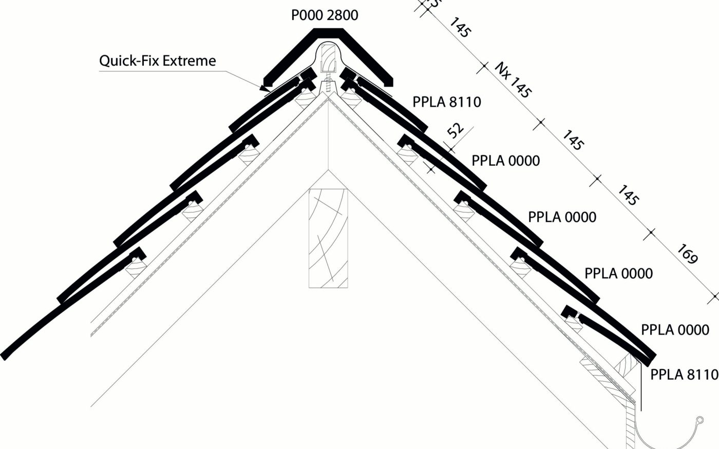 Tuile Plate Plato - Plan de pose longitudinale de la toiture au niveau de la faîtière 2800 - avec Quick-Fix