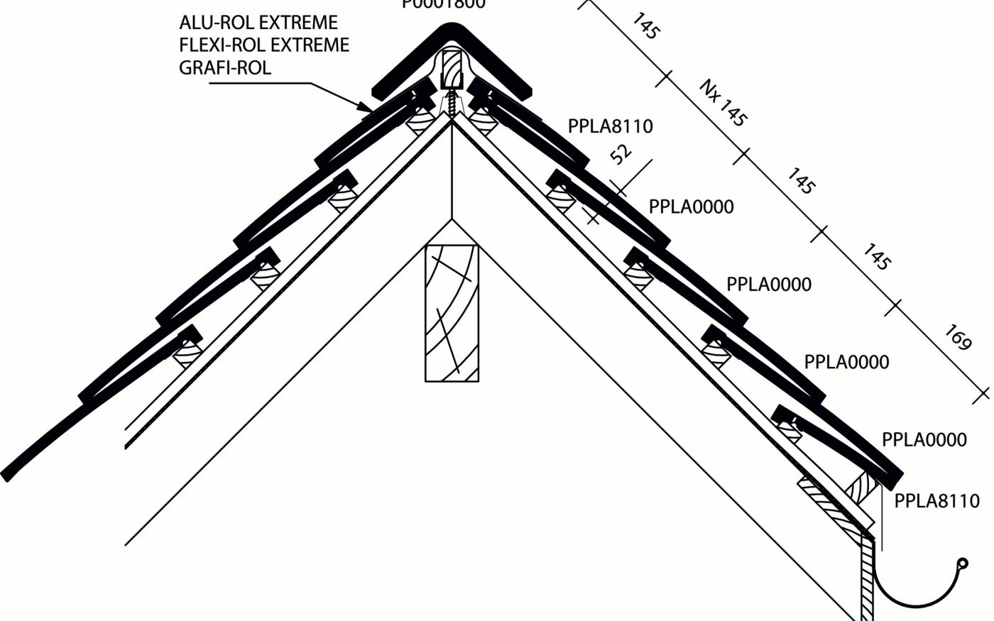 Tuile Plate Plato - Plan de pose longitudinale de la toiture au niveau de la faîtière 1800
