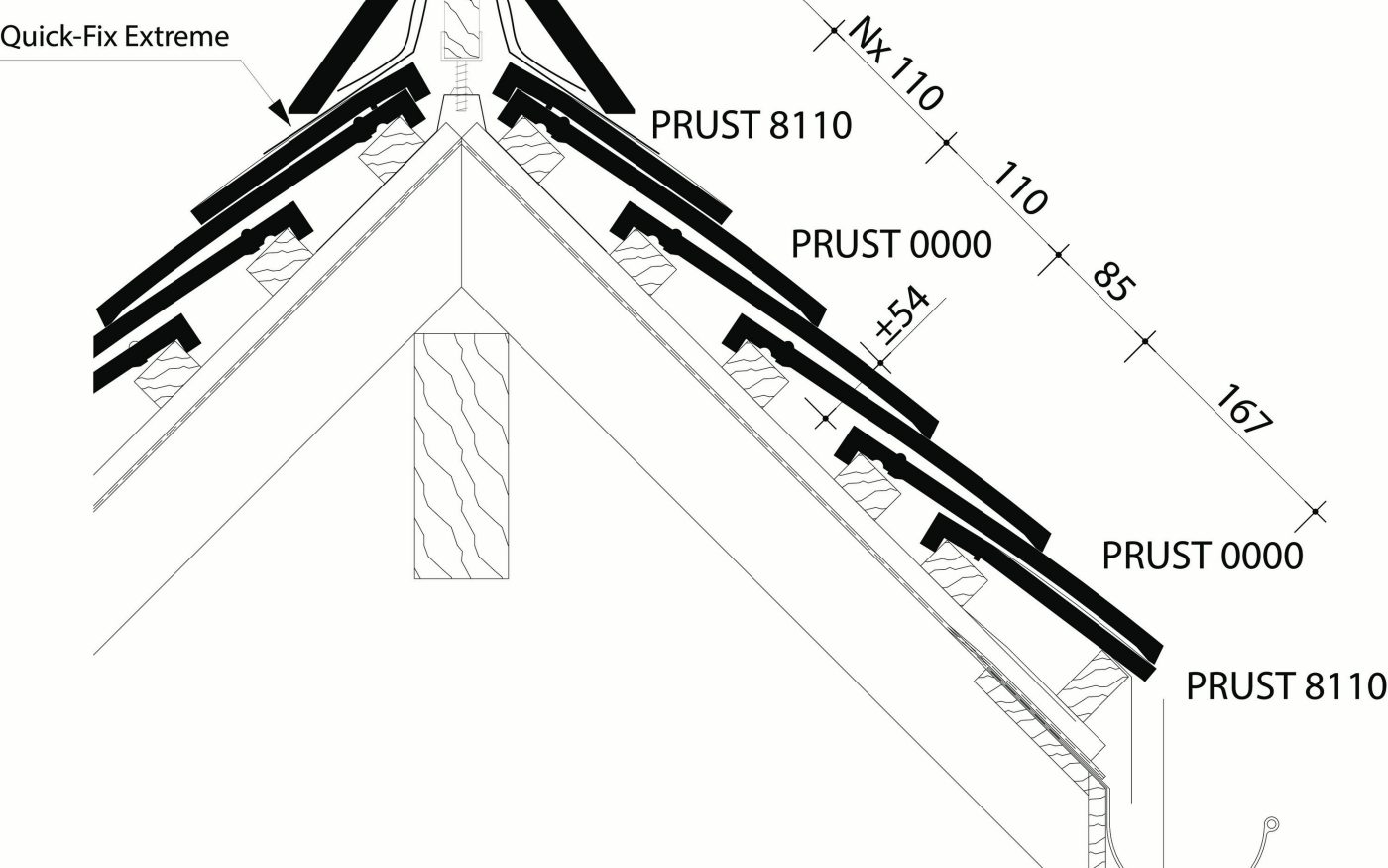 Tuile plate Rustica : Plan de pose longitudinale de la toiture au niveau de la faîtière 2900