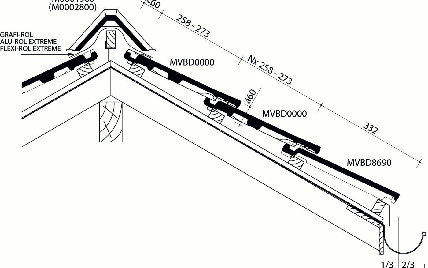 Vauban - Plan de pose longitudinale de la toiture au niveau de la faîtière