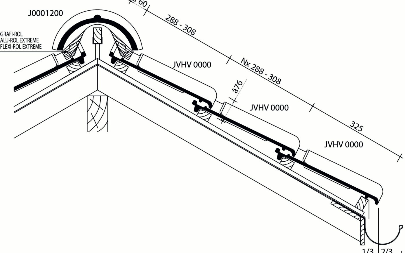 VHV Klassiek - Plan de pose longitudinale de la toiture au niveau de la faîtière
