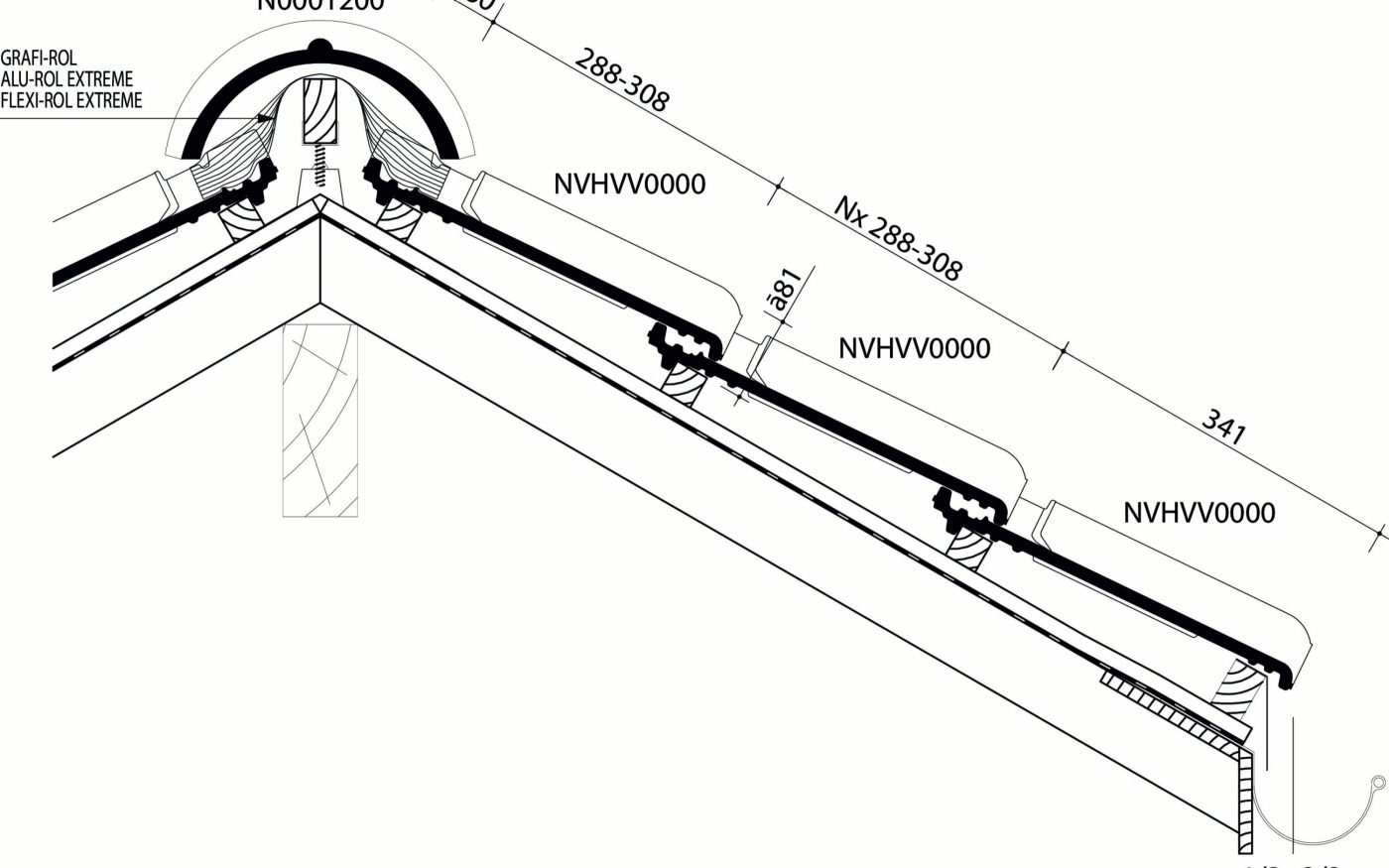 VHV VARIO - Plan de pose longitudinale de la toiture au niveau de la faîtière