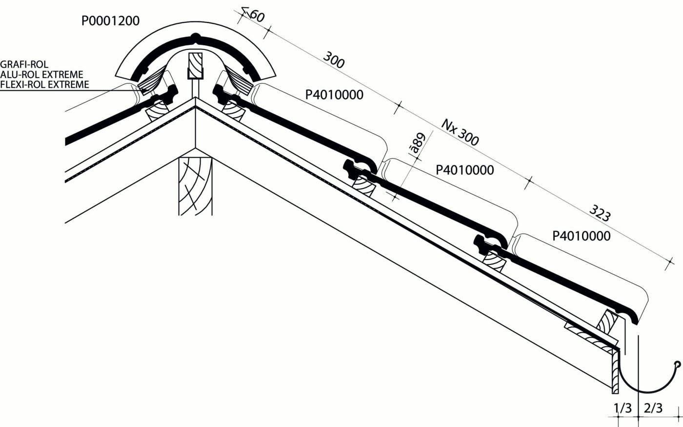 Tuile Galbée 401 - Plan de pose longitudinale de la toiture au niveau de la faîtière