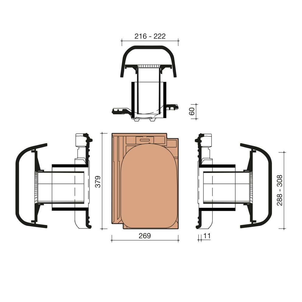 Technical drawing VHV Vario transit rooftile 125mm with connection module