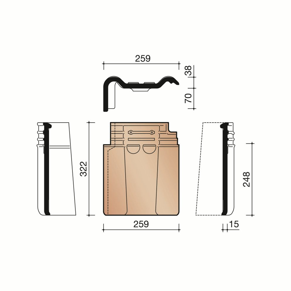 Technical drawing of the Tuile du nord 993 linker gevelpan