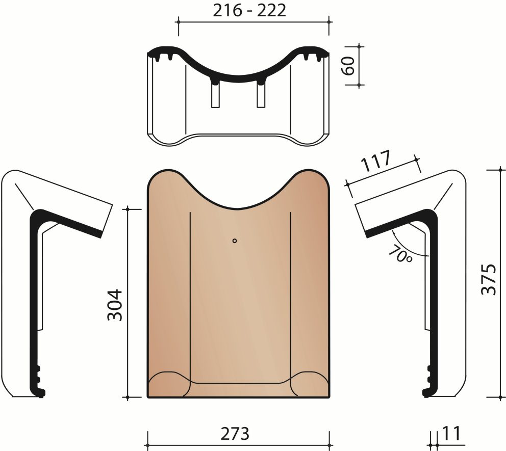 Technical drawing VHV Vario chaperon rooftile with double wel