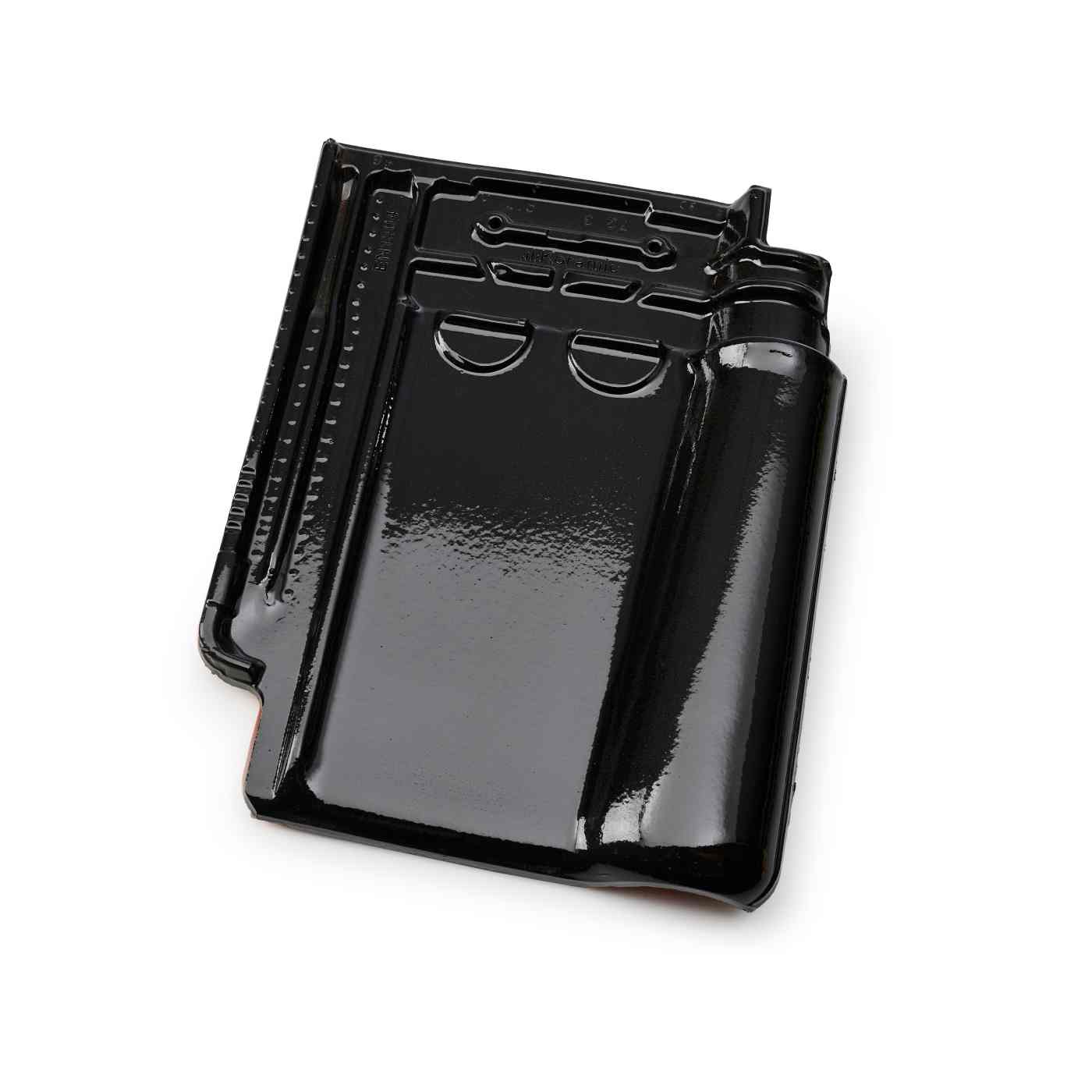 Single product shot of a Stormpan 993 Zwart geglazuurd roof tile